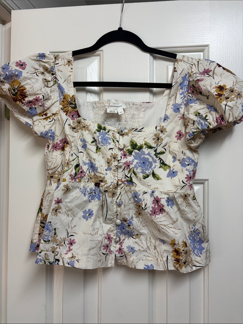 Anthropologie Floral Puff-Sleeve Square-Neck Top - Cream Blue